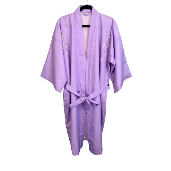 Kimono Robe Womens Large Purple Floral Embroidered Open Front Tie Waist Japanese - Picture 1 of 9